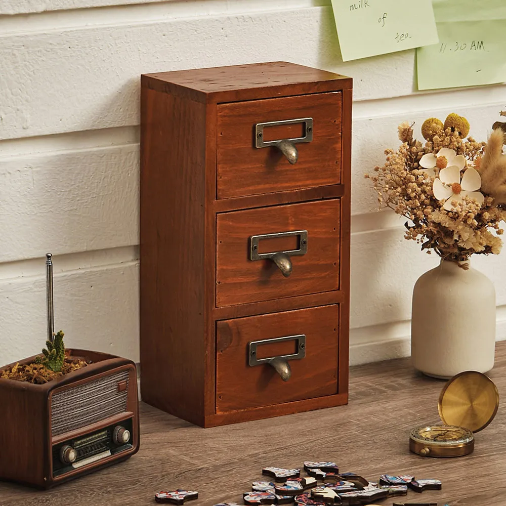 Retro Wooden Desktop Drawer Organiser Box - Brown