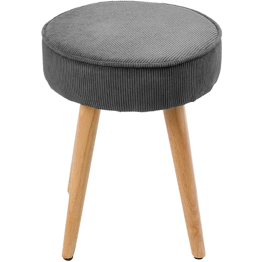 Round Footstool with Wooden Legs - Grey, Corduroy