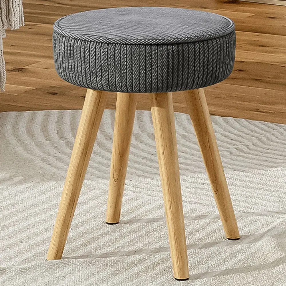 Round Footstool with Wooden Legs - Grey, Corduroy image