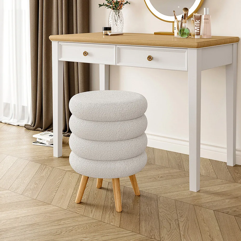 Round Footstool with Wooden Legs - White, Teddy Fabric