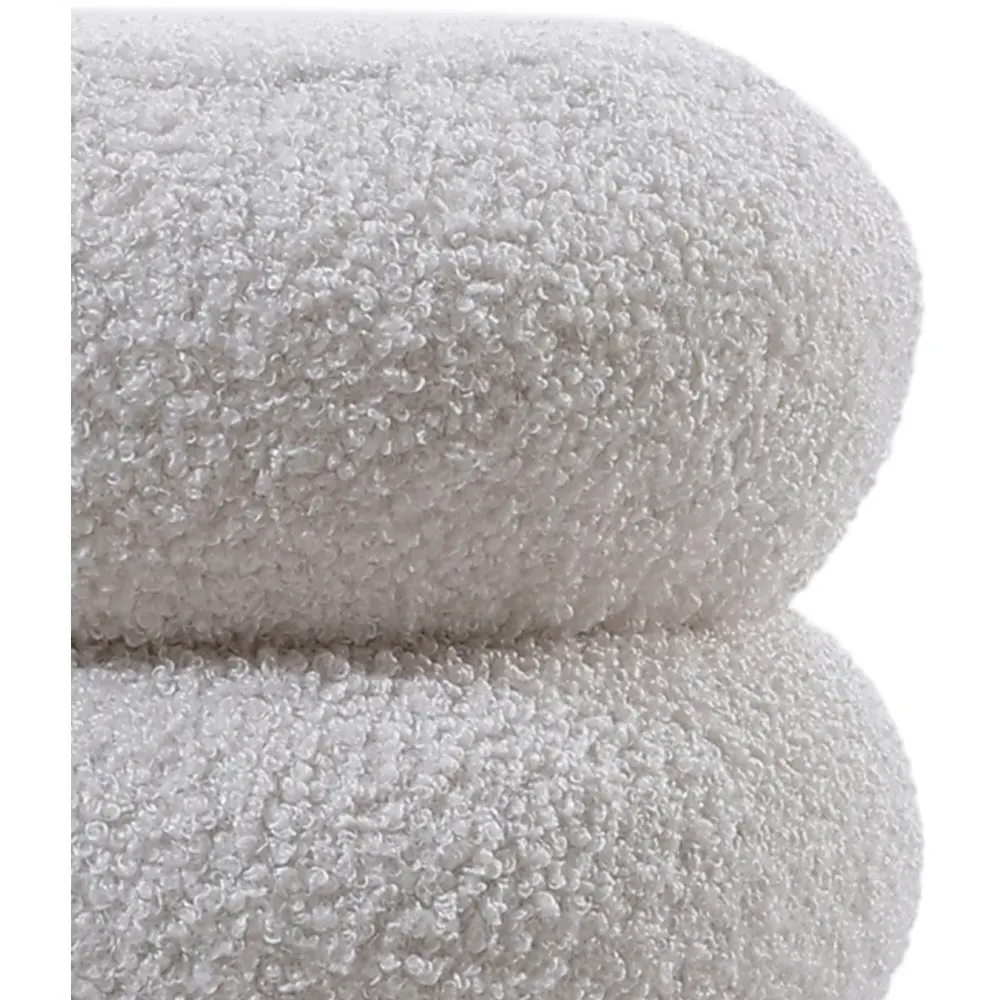 Round Footstool with Wooden Legs - White, Teddy Fabric