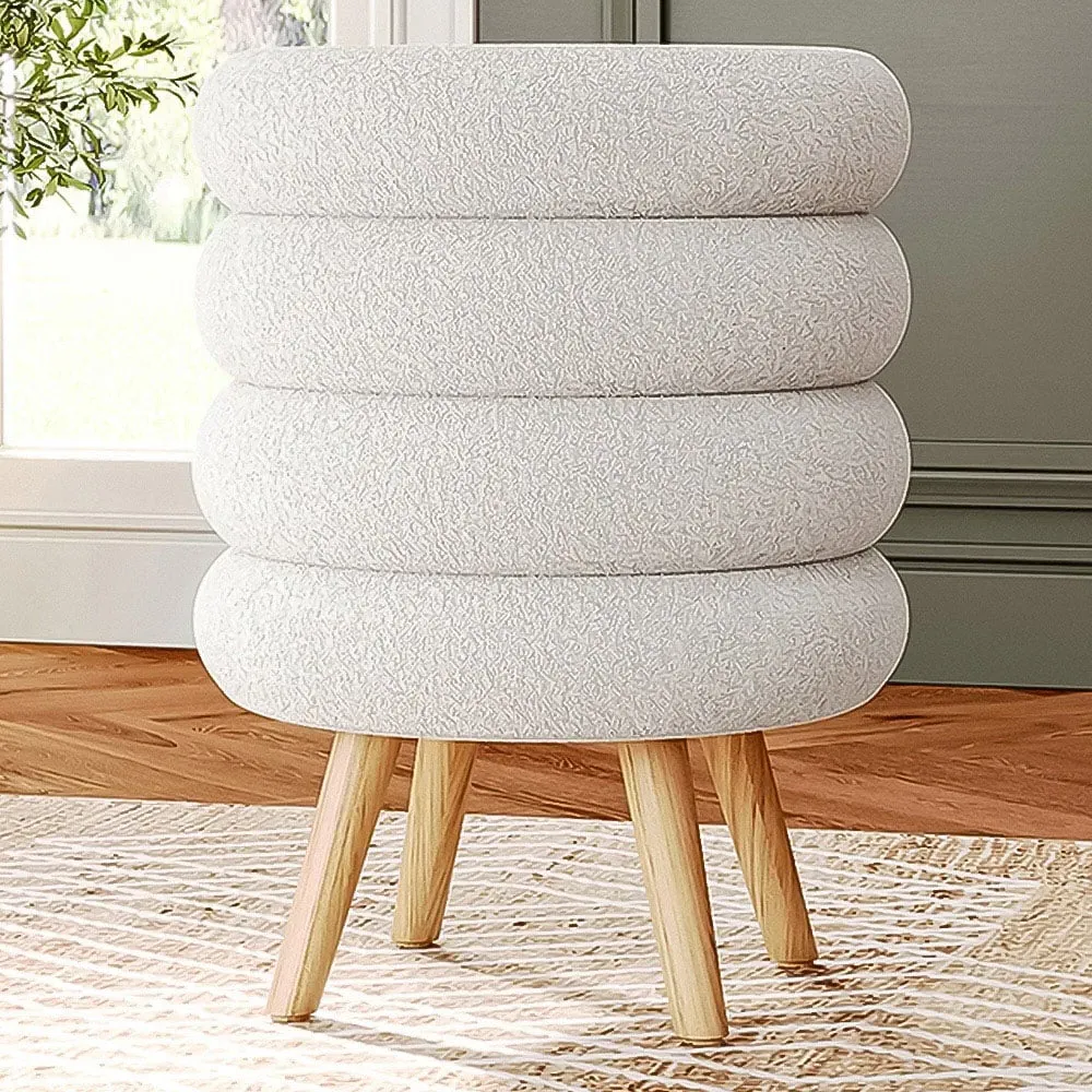 Round Footstool with Wooden Legs - White, Teddy Fabric