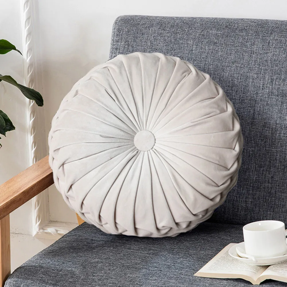 Round Pleated Pumpkin Velvet Cushion 45cm - Beige