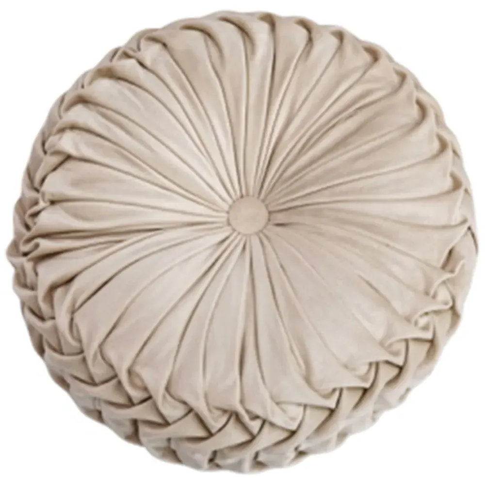 Round Pleated Pumpkin Velvet Cushion 45cm - Beige