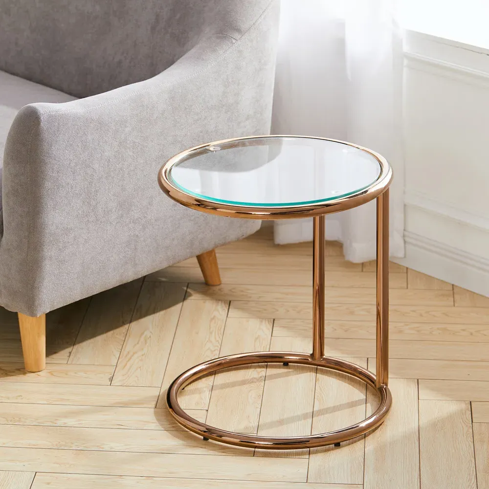 Round Side Table with Metal Base - Clear Glass, Gold