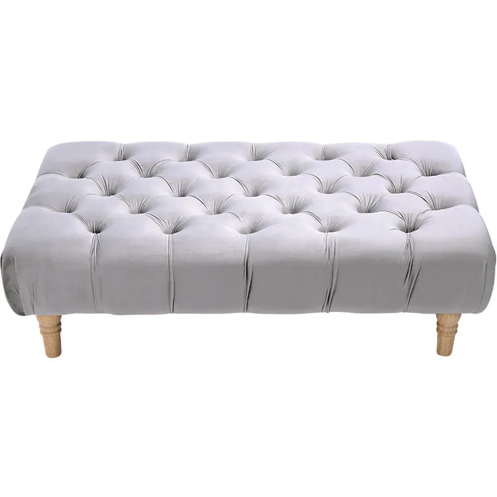 Round Velvet Buttoned Footstool - Light Grey