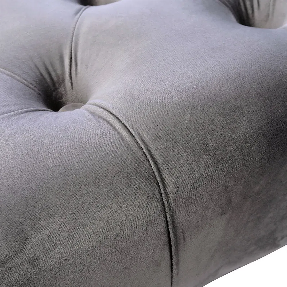 Round Velvet Buttoned Footstool - Light Grey
