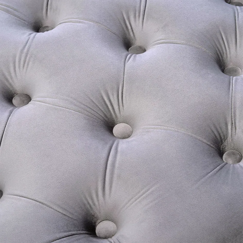 Round Velvet Buttoned Footstool - Light Grey