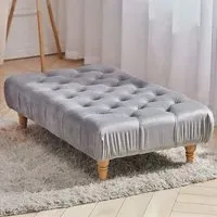 Round Velvet Buttoned Footstool - Light Grey