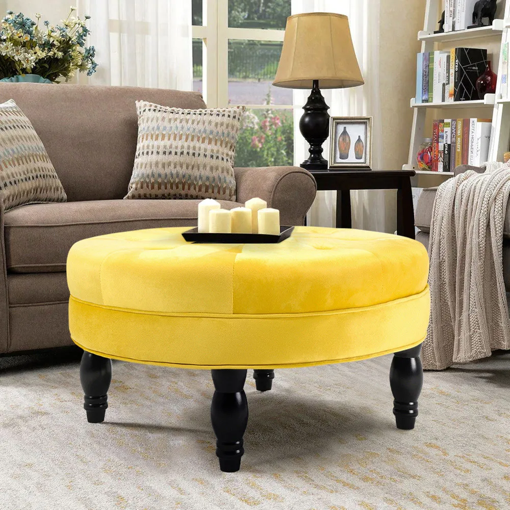 Round Velvet Tufted Buttoned Footstool - Yellow