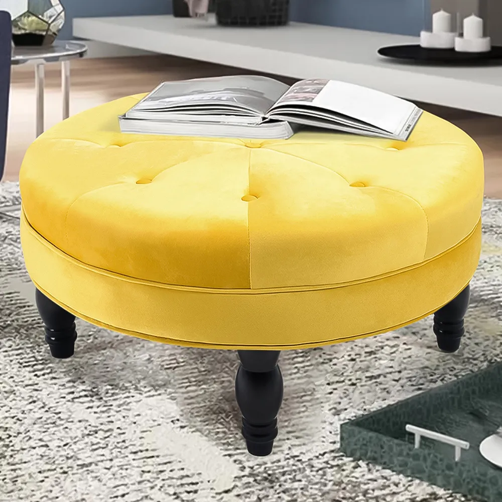 Round Velvet Tufted Buttoned Footstool - Yellow