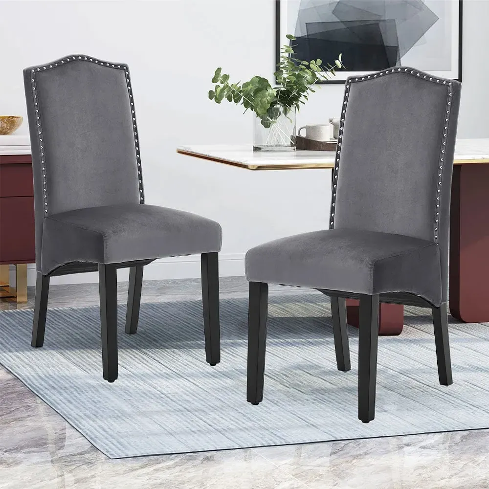 Set of 2 Dining Chairs - Dark Grey, Velvet