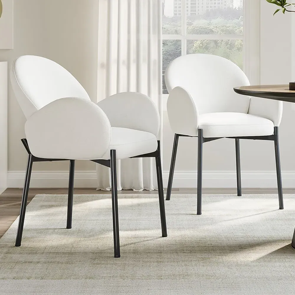 Set of 2 Upholstered Teddy Fleece Dining Chair with Armrests - White