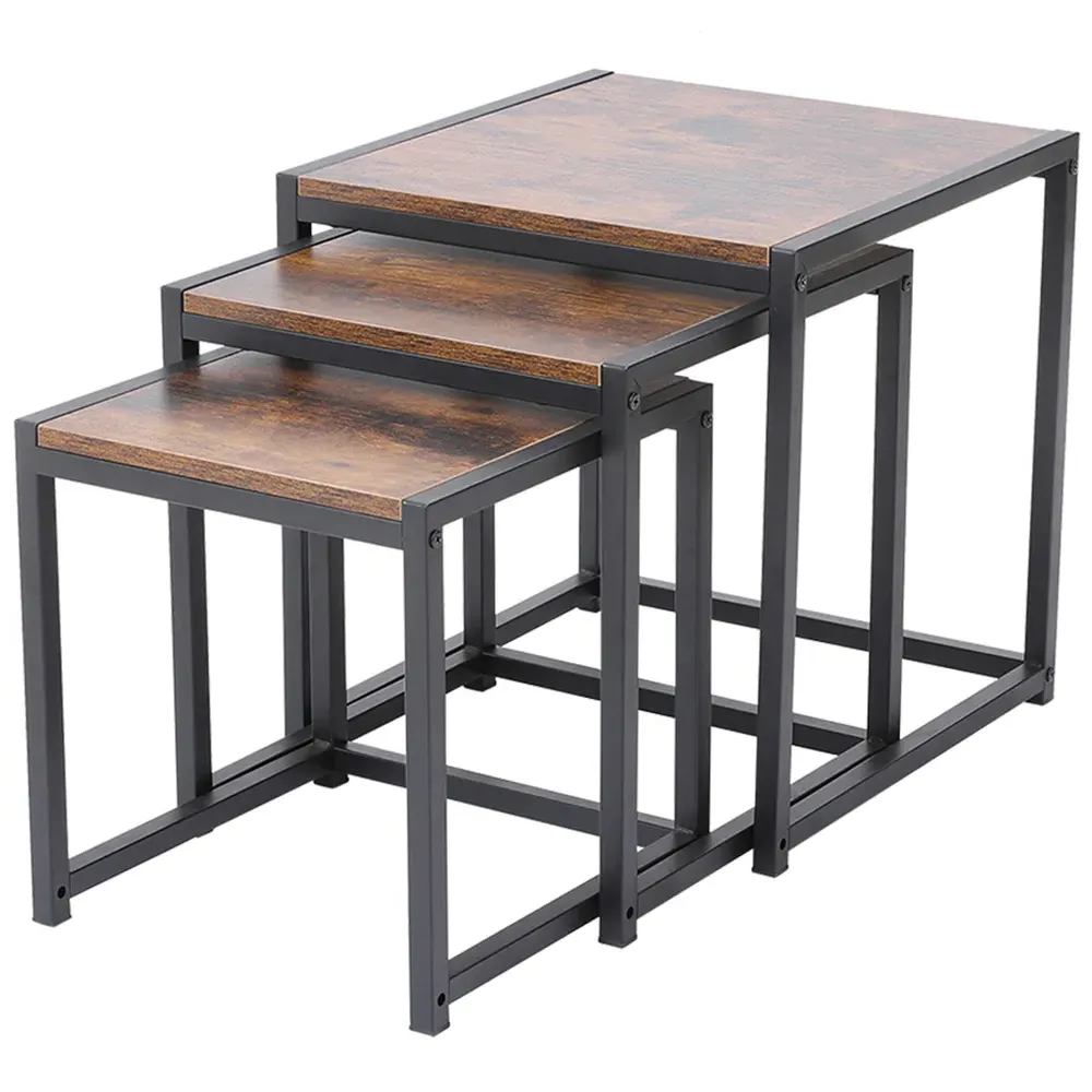 Set of 3 Industrial Nest of Tables - Brown
