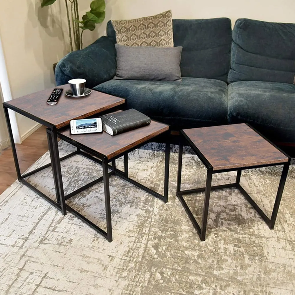 Set of 3 Industrial Nest of Tables - Brown image