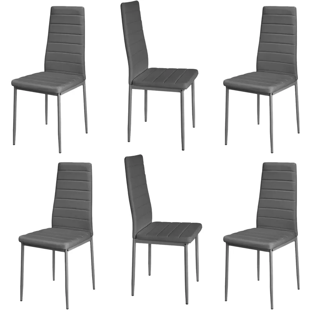 Set of 6 High Back Quilted Dining Chairs - Grey, Faux Leather
