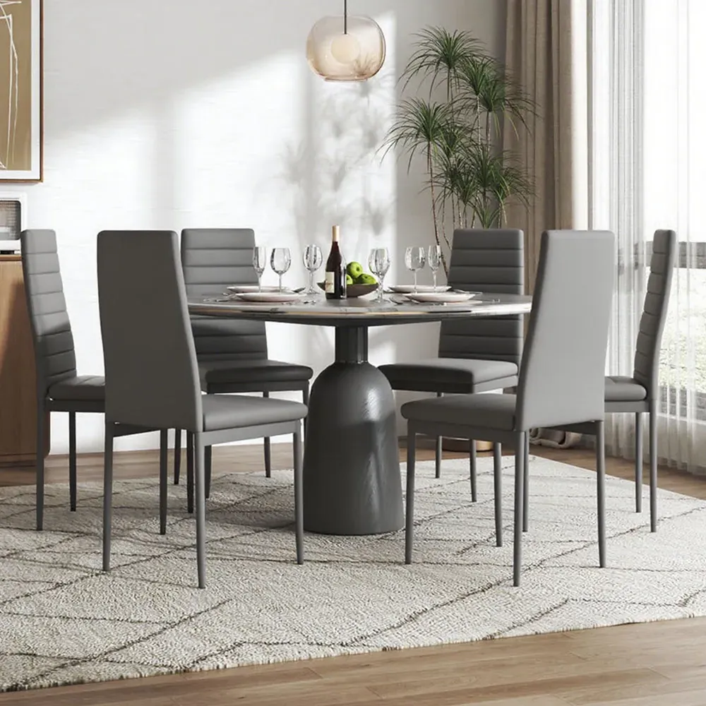 Set of 6 High Back Quilted Dining Chairs - Grey, Faux Leather