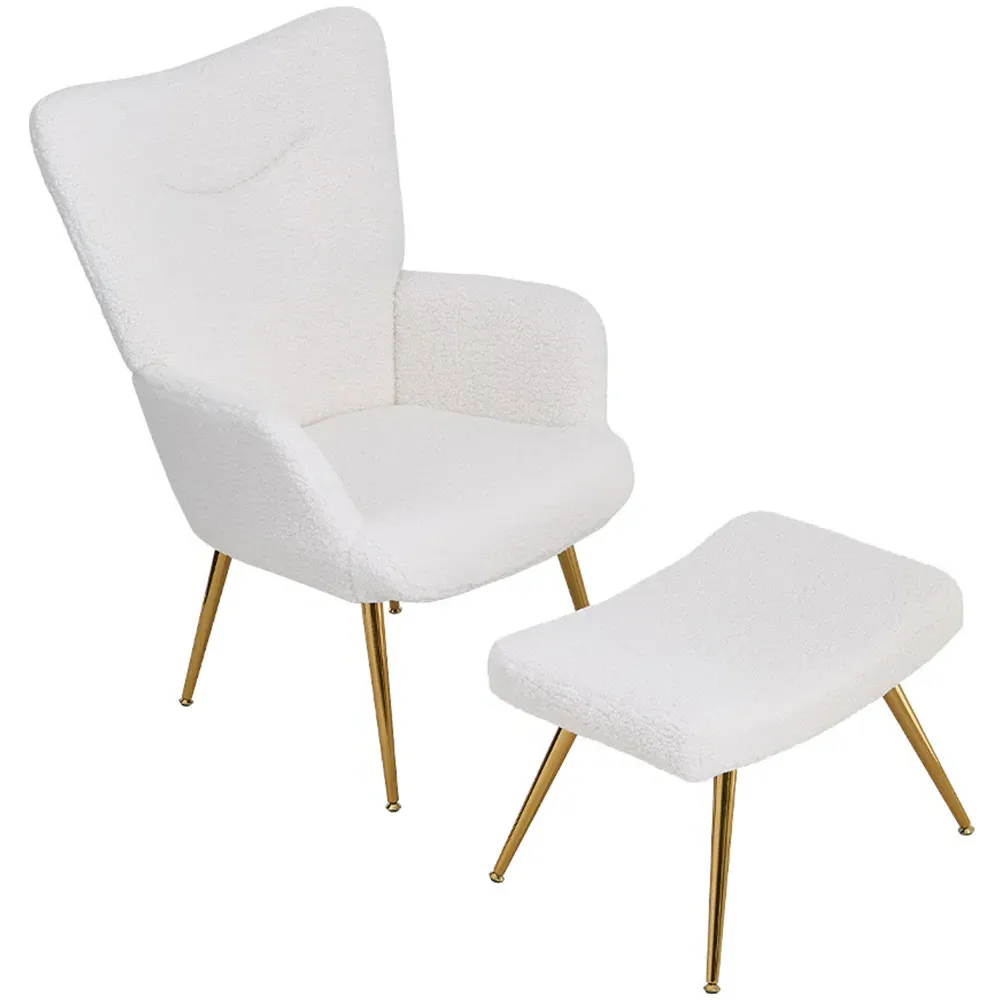 Sherpa Fleece Accent Chair with Footstool - White