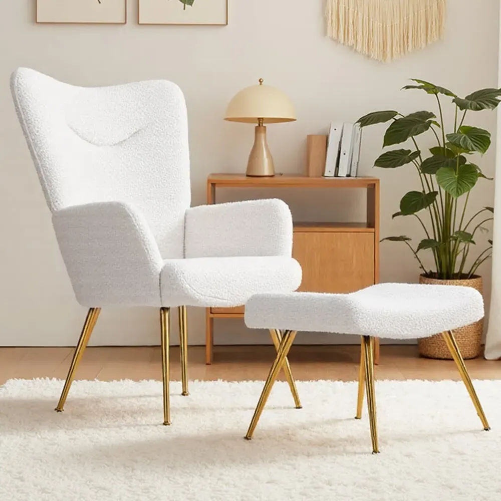 Sherpa Fleece Accent Chair with Footstool - White