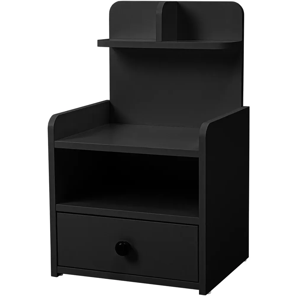 Single Drawer Bedside Table with 4 Shelves - Black