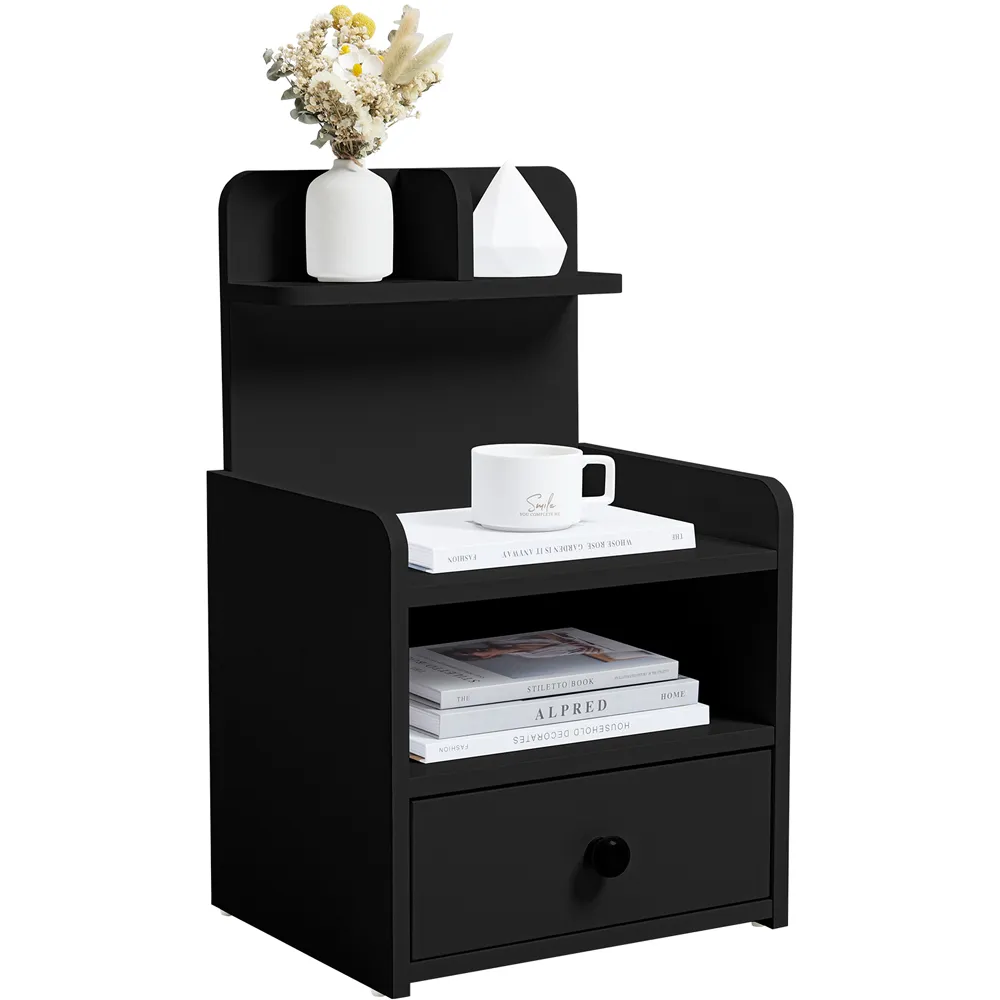 Single Drawer Bedside Table with 4 Shelves - Black