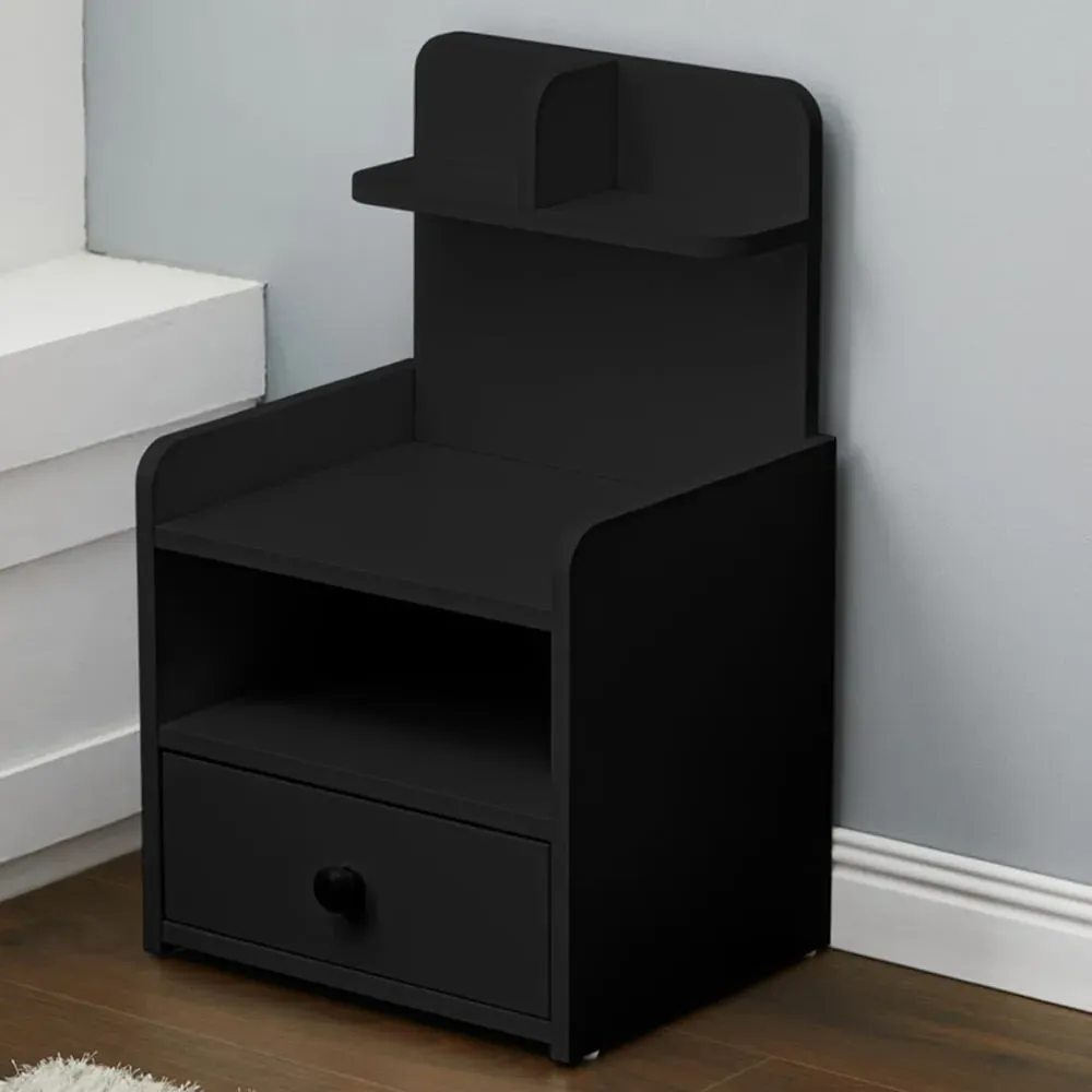 Single Drawer Bedside Table with 4 Shelves - Black
