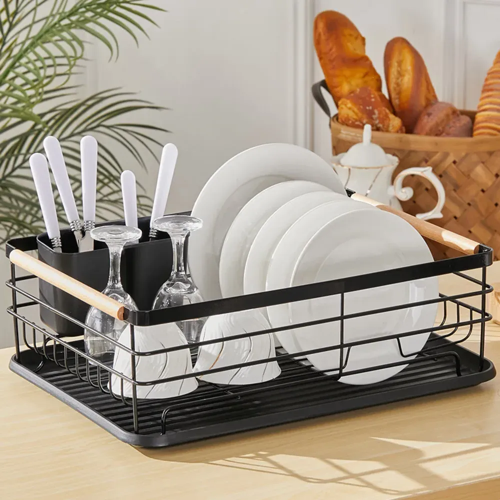 Single-Tier Dish Rack with Drainboard - Black, Metal