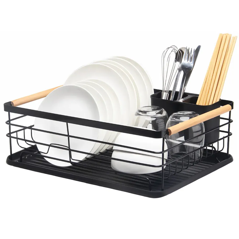Single-Tier Dish Rack with Drainboard - Black, Metal