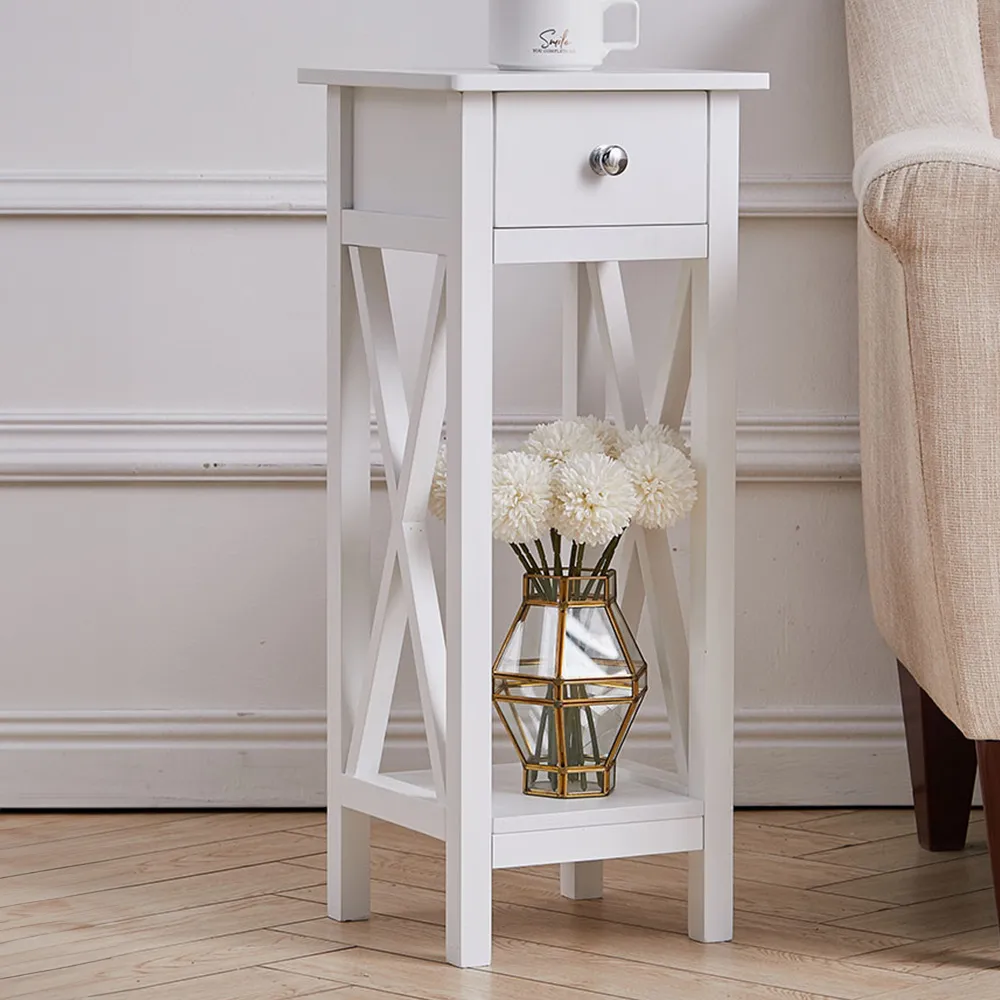 Slim Side Table with Drawer - White, Wood