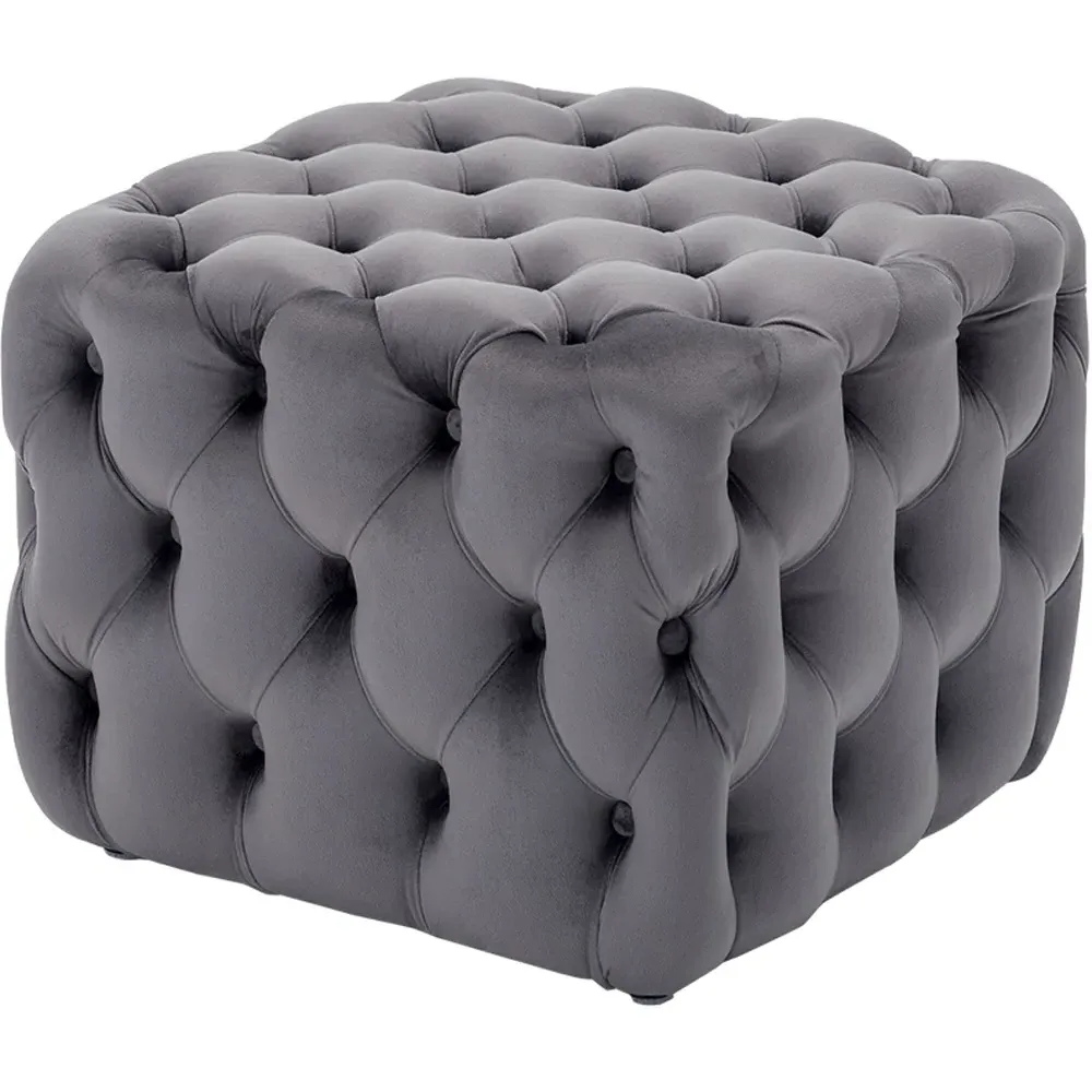 Square Velvet Buttoned Footstool with Buckle Design - Grey