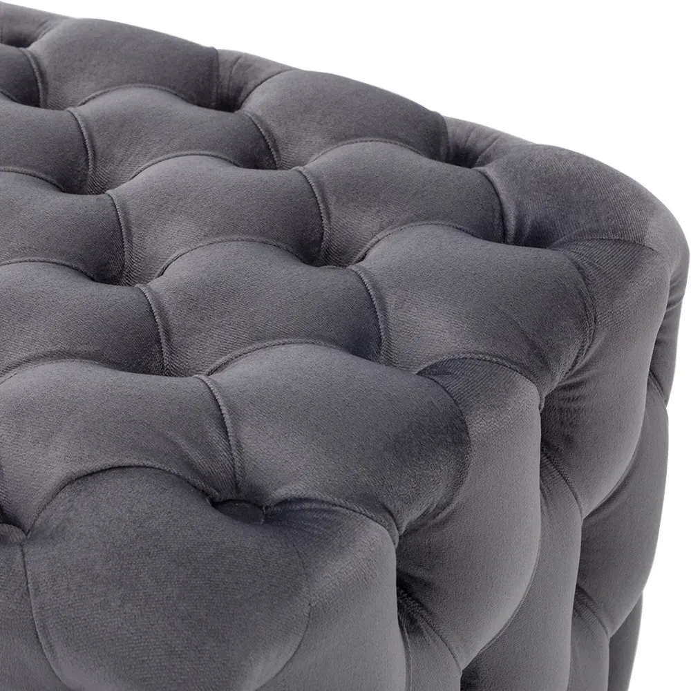 Square Velvet Buttoned Footstool with Buckle Design - Grey