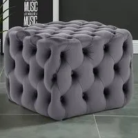 Square Velvet Buttoned Footstool with Buckle Design - Grey