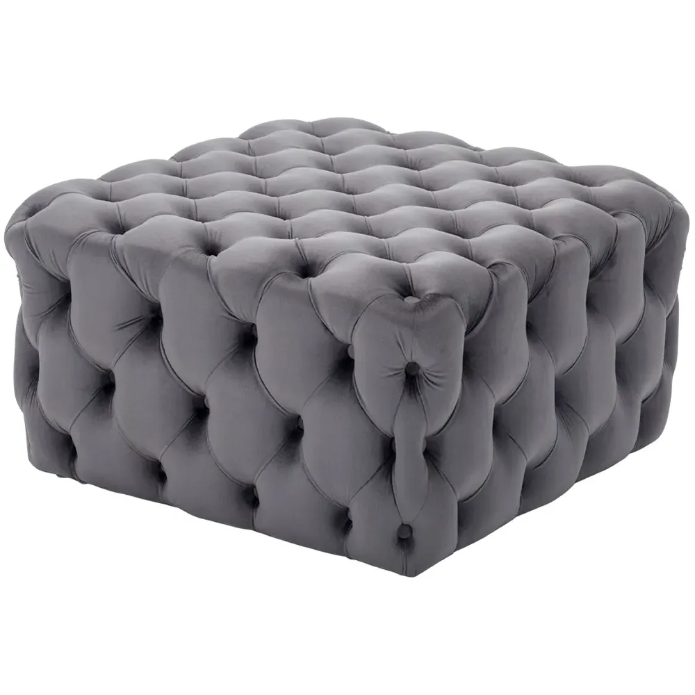 Square Velvet Buttoned Footstool with Buckle Design - Grey