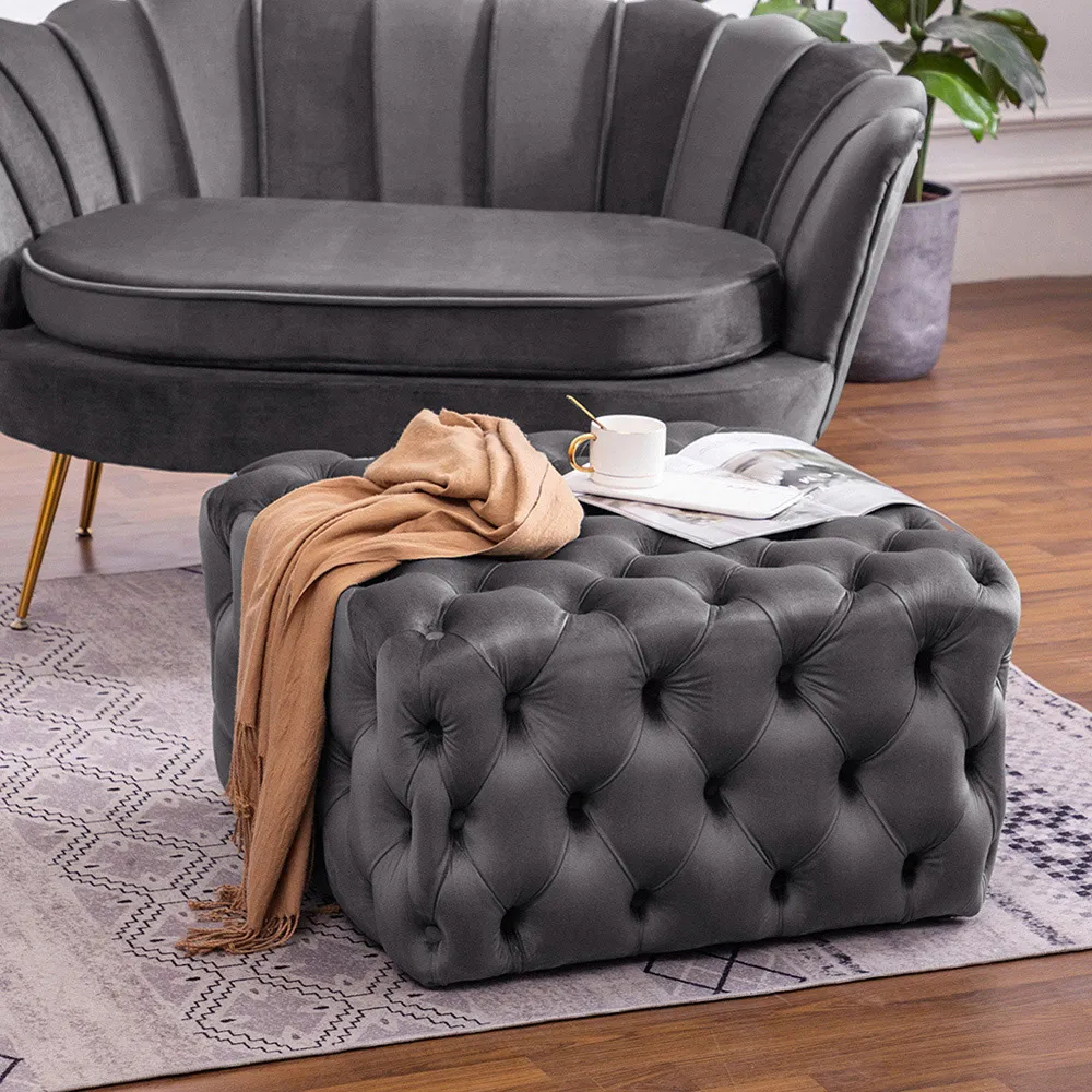 Square Velvet Buttoned Footstool with Buckle Design - Grey