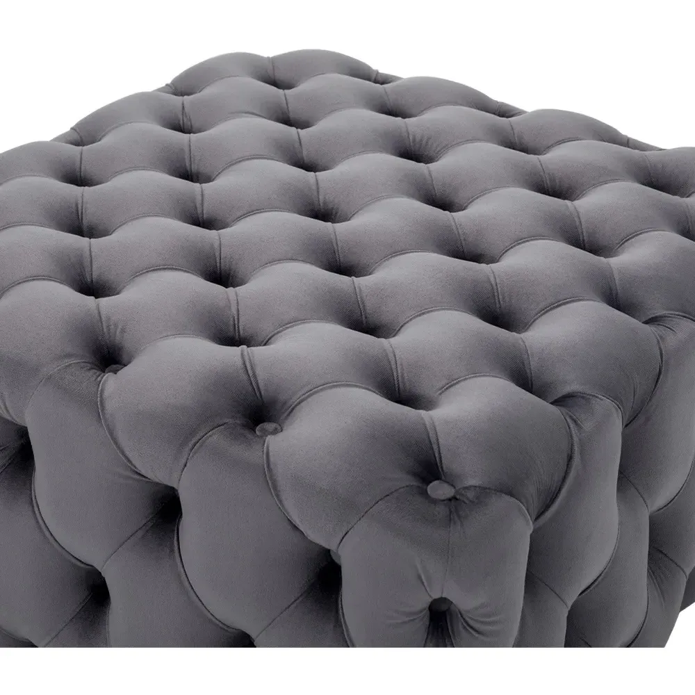 Square Velvet Buttoned Footstool with Buckle Design - Grey
