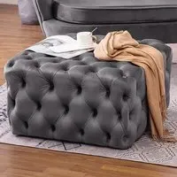 Square Velvet Buttoned Footstool with Buckle Design - Grey
