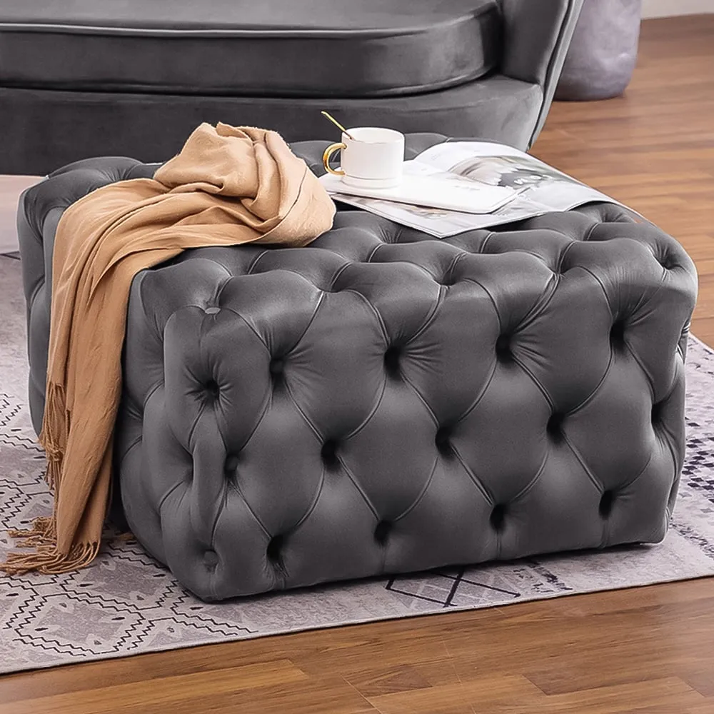 Square Velvet Buttoned Footstool with Buckle Design - Grey