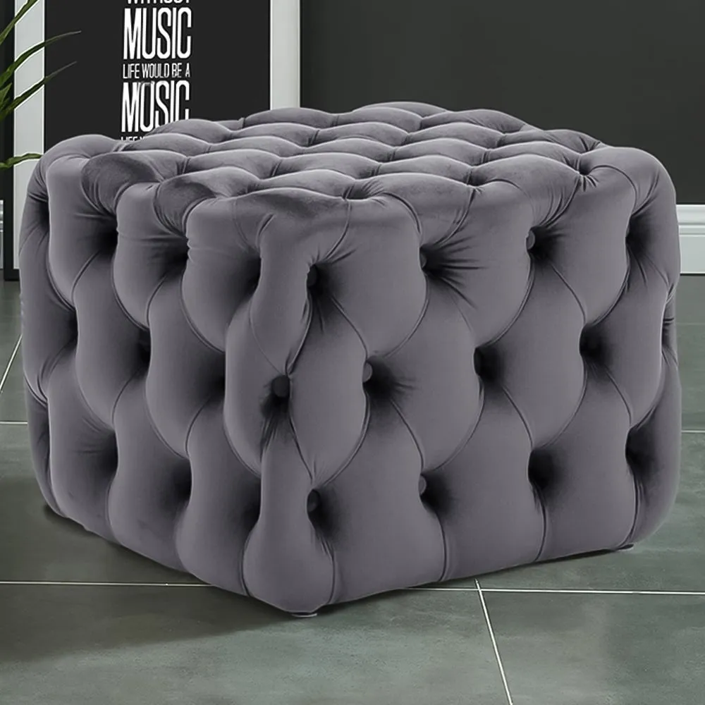 Square Velvet Buttoned Footstool with Buckle Design - Grey