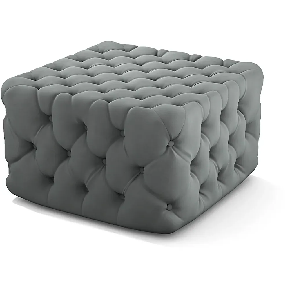 Square Velvet Footstool with Tufted Design - Grey