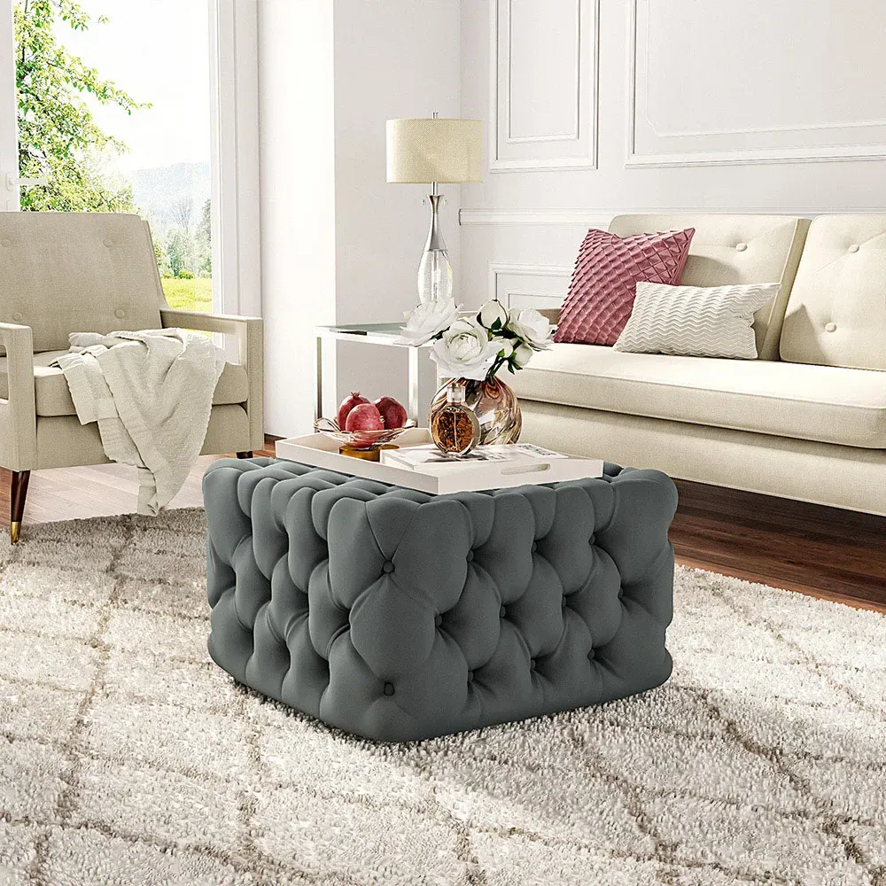 Square Velvet Footstool with Tufted Design - Grey