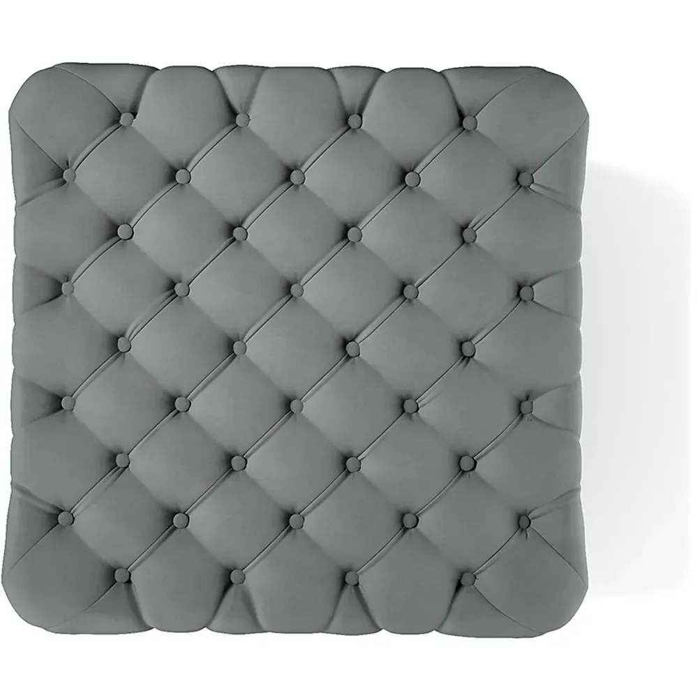 Square Velvet Footstool with Tufted Design - Grey