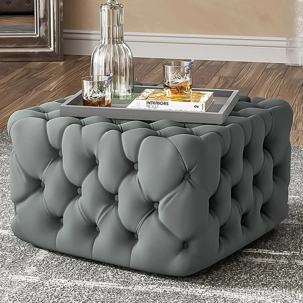 Square Velvet Footstool with Tufted Design - Grey image