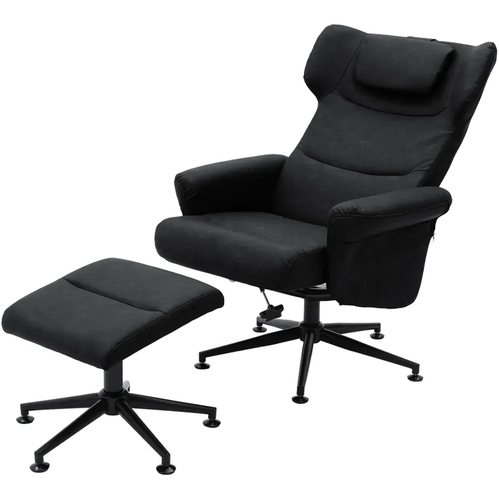 Swivel Armchair with Footstool - Black, Faux Leather
