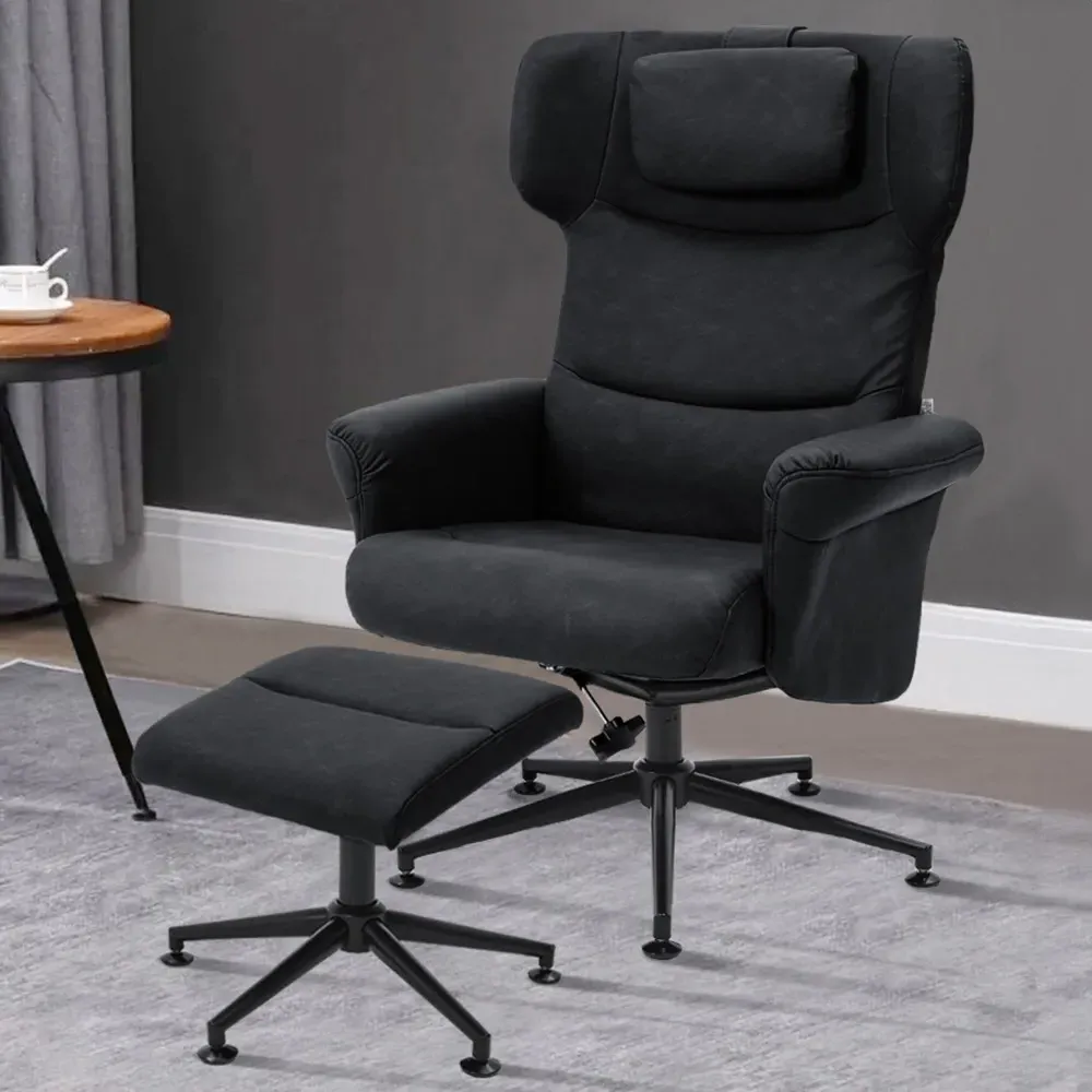Swivel Armchair with Footstool - Black, Faux Leather image
