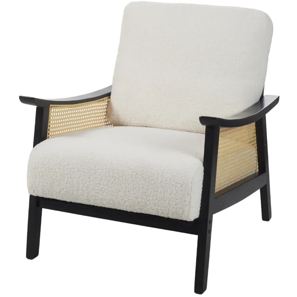 Teddy Fur Cushion Mid Century Rattan Armchair - White