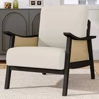 Teddy Fur Cushion Mid Century Rattan Armchair - White