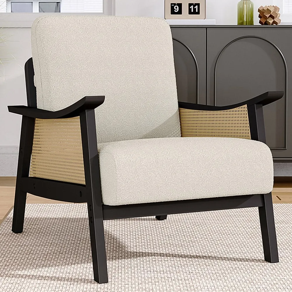 Teddy Fur Cushion Mid Century Rattan Armchair - White image