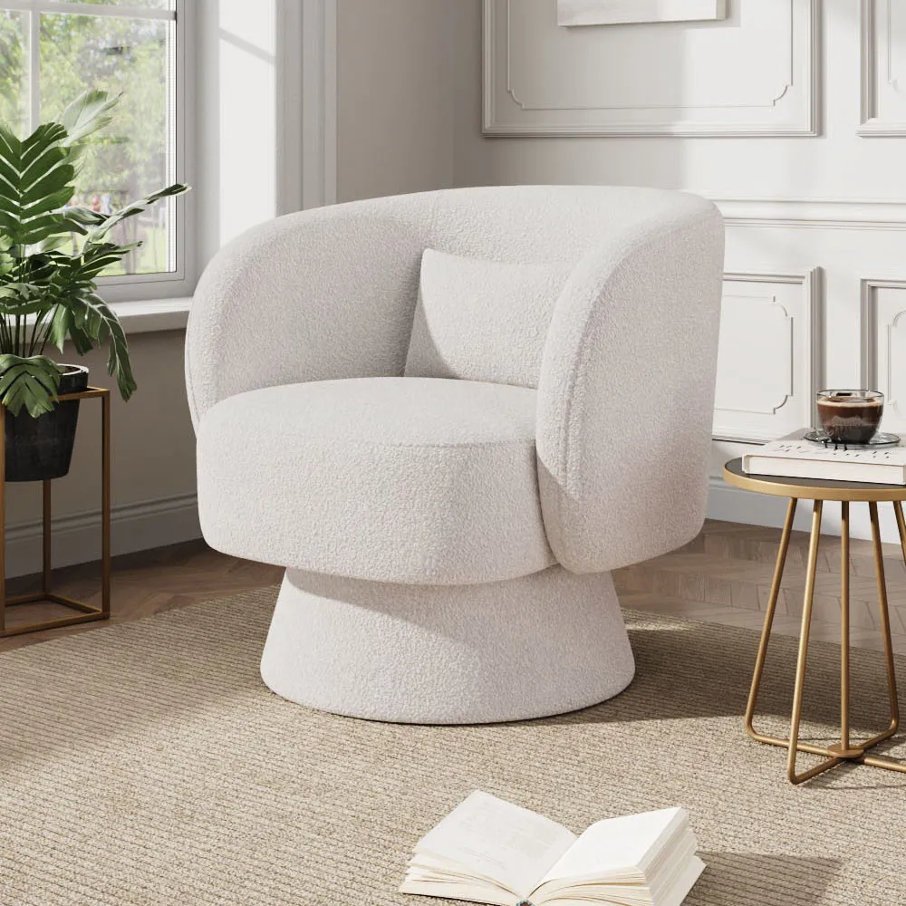 Teddy Fur Upholstered Swivel Chair with Pillow - White