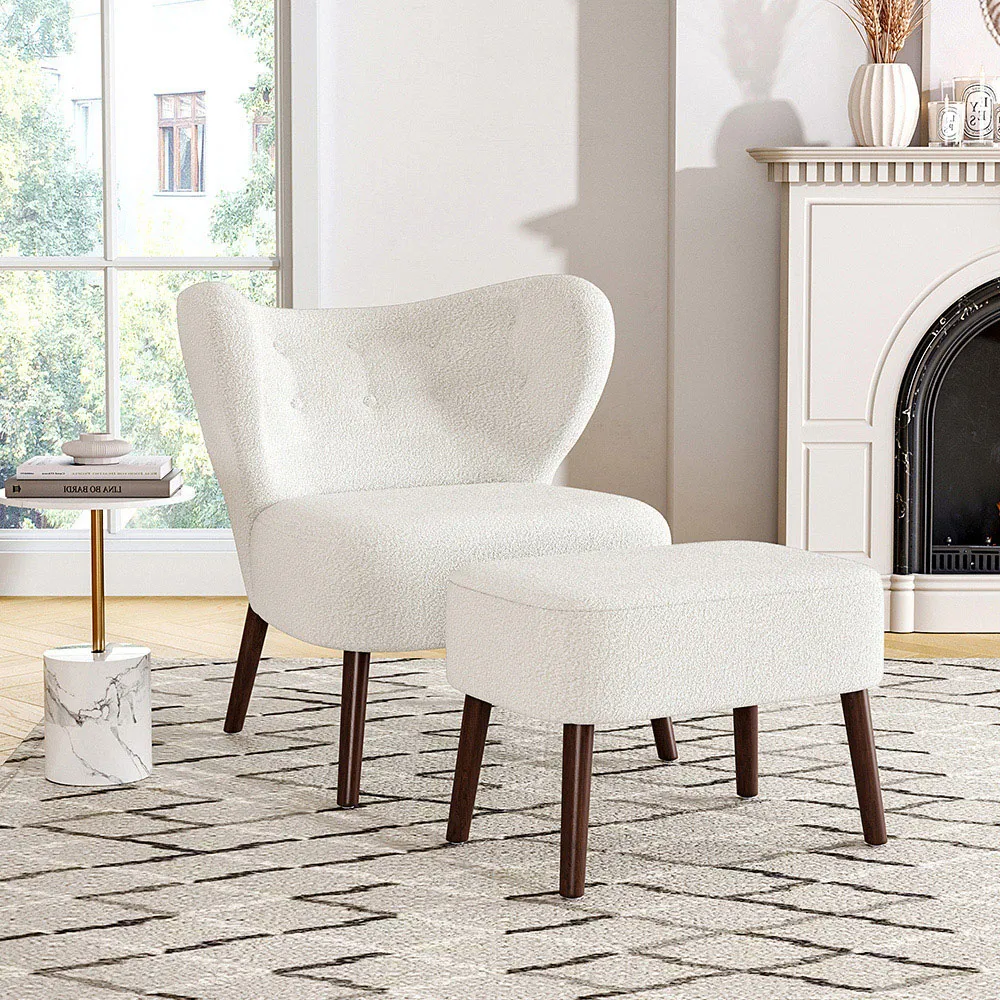 Tufted Accent Chair with Footstool - White, Teddy Bear Fur