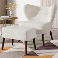Tufted Accent Chair with Footstool - White, Teddy Bear Fur
